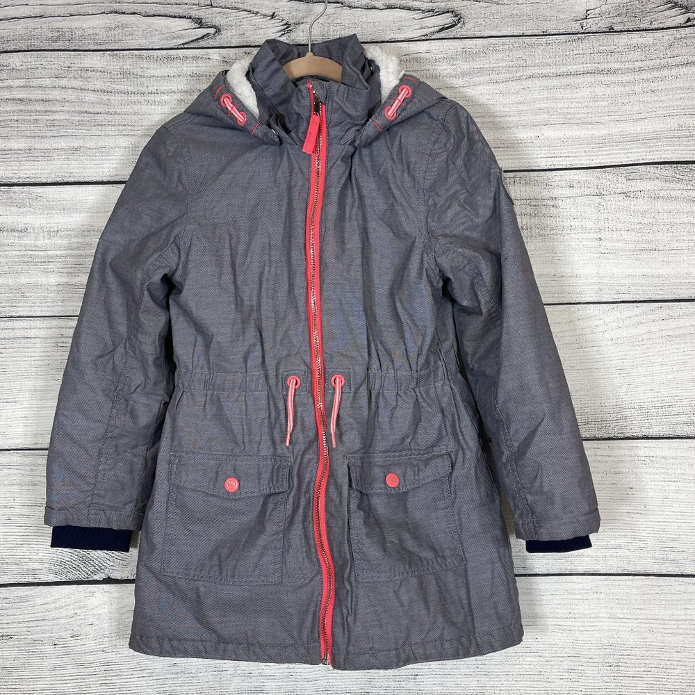 H&M Girl's Padded Parka Blue Gray Detachable Faux Fur Lined Hood Sz 7-8 - Picture 1 of 16